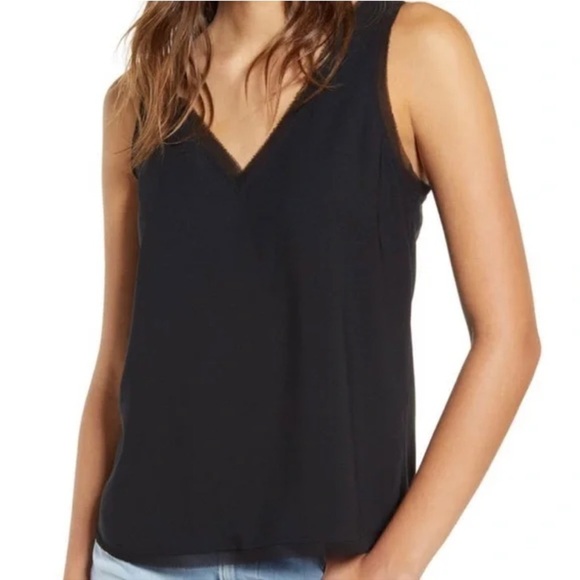 Halogen Tops - Halogen Sleek Black V-neck Tank Top/Shell With Raw Edge